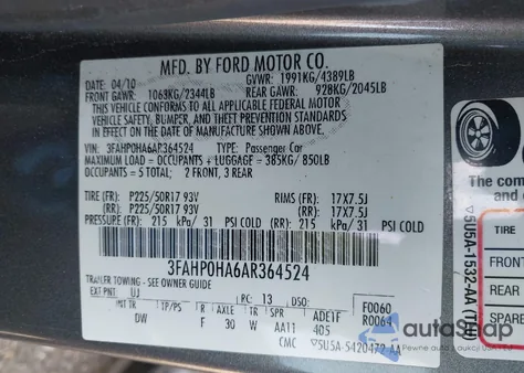 2010 Ford Fusion Se из США, поврежденный, VIN 3FAHP0HA6AR364524
